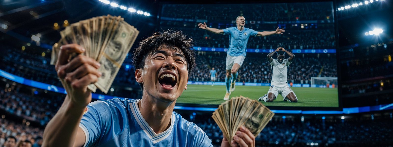 Football bettor celebrating with cash, Manchester City vs Real Madrid